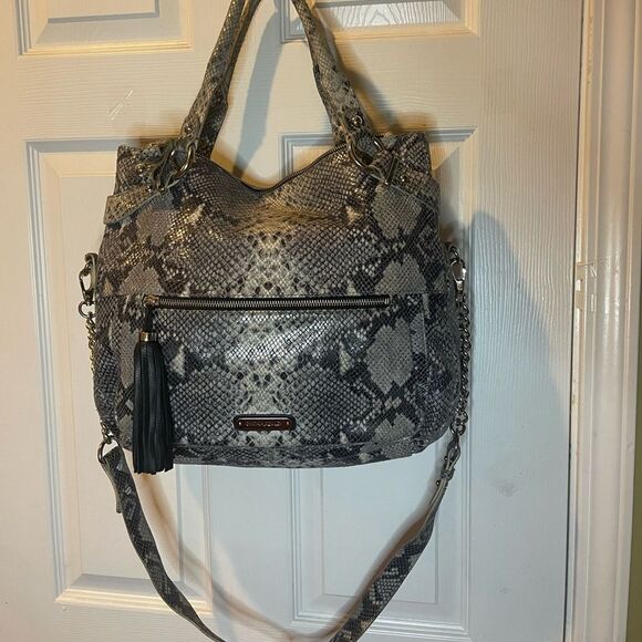 Cynthia Rowley leather snake skin print gray large shoulder bag black tassel . - Picture 1 of 15